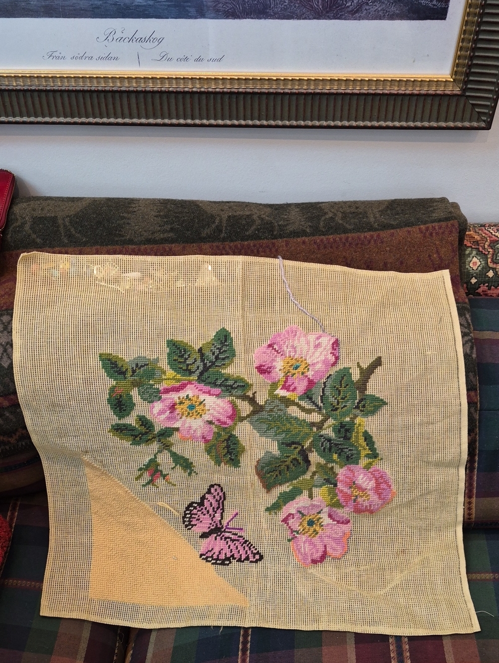 Source Unknown Pink Floral and Butterfly Needlepoint Canvas Panel